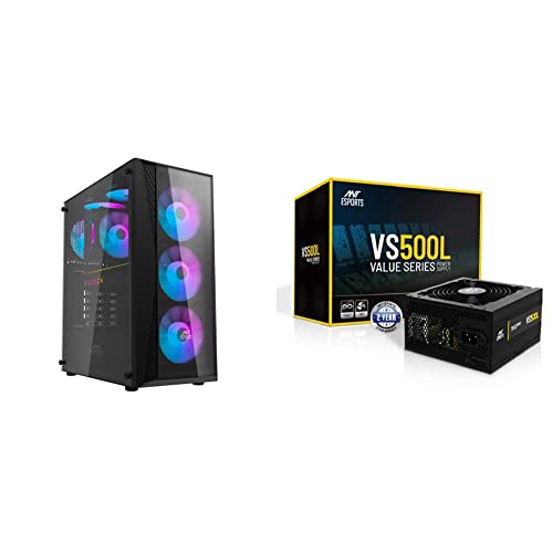 Image of Ant Esports 220 Air Mid- Tower Computer Case /Gaming Cabinet - Black & VS500L 500 Watt Non-Modular Continuous Power Gaming Power Supply /PSU
