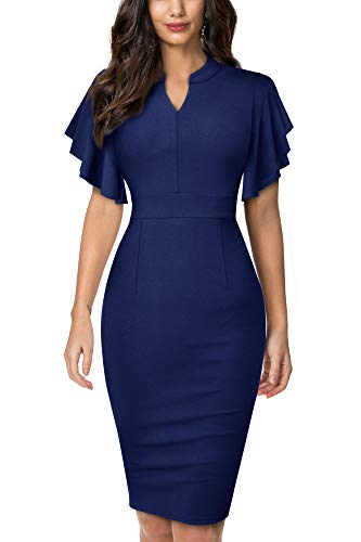 HOMEYEE Damen Elegant V-Ausschnitt mit Rüschen Sleeve Stretch Party Kleid...