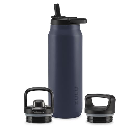 Image of ZULU Base 40oz Stainless Steel Water Bottle with 3 Lids- Straw, Chug, Twist | Double Walled and Vacuum Insulated Metal Thermos | For Gym, Outdoor | Built in Carry Loop, Dishwasher Safe, Navy