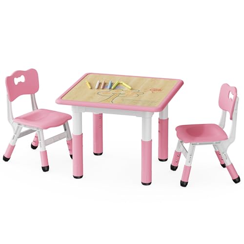 Brelley Kids Table and 2 Chairs Set, Height Adjustable Toddler Desk and Chair Set, Graffiti Desktop,...
