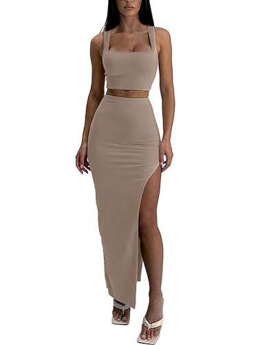 Image of ELLEVEN Two Piece Maxi Skirt Sets for Women, Square Neck Tank Tops with High Side Slit Dress Sets Summer Outfits
