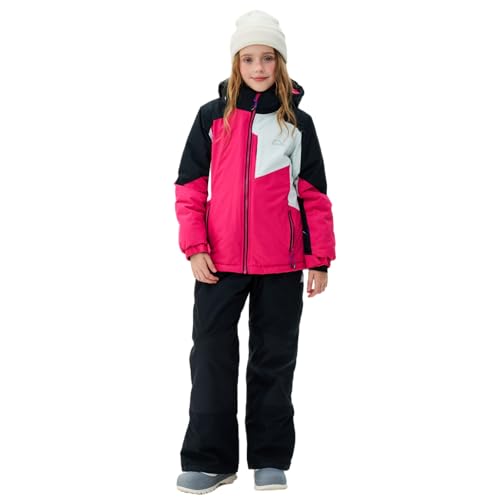 SMONTY Tuta da Neve per ragazza Giacca da Sci Invernale e Pantaloni Cinghie con Cappuccio Set Antivento Impermeabile Caldo(Rosa, bianco nero, 6-7)