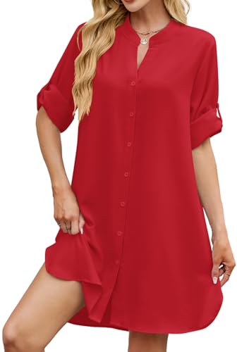 Image of PerZeal Womens Sexy V Neck Button Down Shirt Dresses Summer Short Sleeve Casual Loose Blouses & Button-Down Shifts Cover Ups