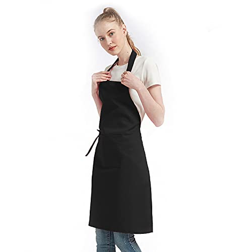 Tie-at-Waist Bib Apron, Kitchen Cooking Aprons with Adjustable Neck Strap, Extended Waist Ties, Two Large Pockets, Polyester Fiber Fabric with 95% waterproof Coating, Chef Apron for Men Women (black)