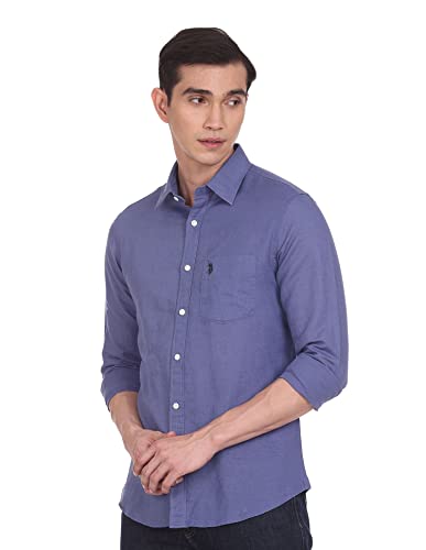 Image of U.S. Polo ASSN. Men's Solid Cotton Linen Tailored Fit Spread Collar Casual Shirt