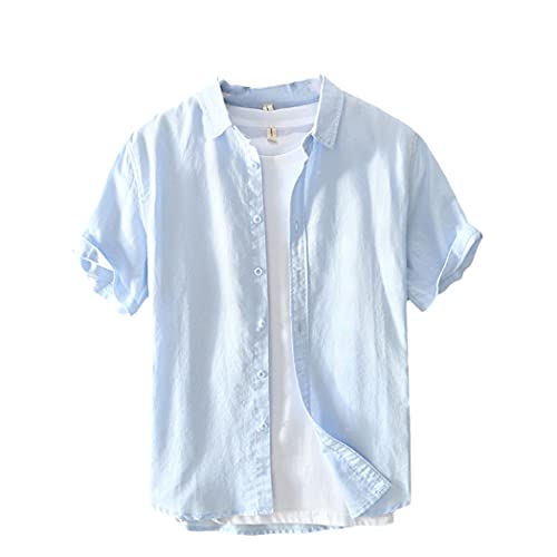 Chemise d'été homme en lin frais et coton respirant bleu ciel