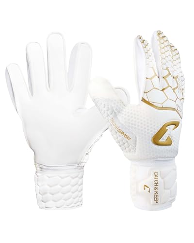 CATCH & KEEP Kralle Junior Pro - Kinder Torwarthandschuhe - Premium Torhüterhandschuhe für Kinder - Tormannhandschuhe mit extra starkem Grip (Version 3.0 - Gold/Weiß 3)