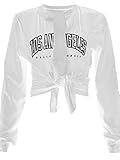 Zoyami Womens Sexy Tie Front Crop Top Long Sleeve Graphic Tee Shirt Clubwear White Small