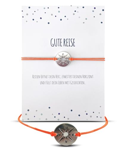 Glücksschmiedin – Reise Geschenk – Glücksbringer Armband mit Kompass-Anhänger & Spruchkarte – Abschiedsgeschenk für Weltenbummler & Reisende – Handgefertigt in Deutschland