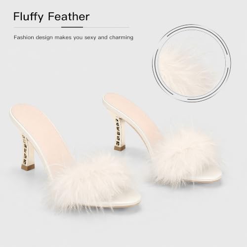 Image of Women Sexy Slippers Fur Heels Fluffy Feather Kitten Heel Slippers Open Toe