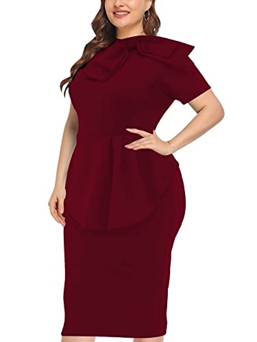 Image of WanMem Plus Size Dress for Curvy Women Semi Formal Cocktail Party Midi Dress Bodycon Short Sleeve Bow Ruffle Pencil Dresses