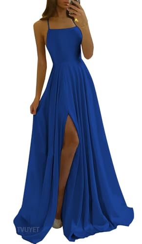 Image of Tvuyet Satin Prom Dresses Long with Pockets Spaghetti Straps A Line Bridesmaid Dresses with Side Slit Ball Gown