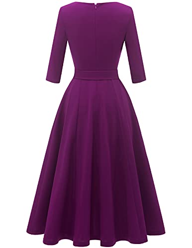 Dresstells Vintage Tea Dress For Women, 1950S Cocktail Party Dresses, Modest Bridesmaid Dress For Wedding Guest, 3/4 Sleeve Formal Aline Church Dress, Fit Flare Prom Dress Purple L #TOP2