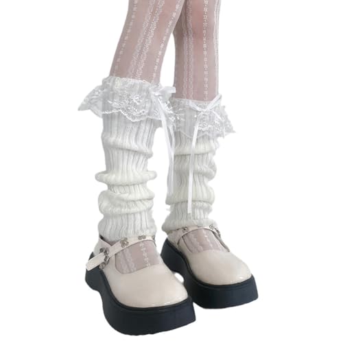 Y2k Knitted Lace Top Leg Warmers for Women Lolita Harajuku Leg Cover Ruffle Layered Patchwork Leg Warmer