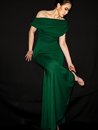 Image of YMDUCH Women's Sleeveless Off Shoulder Long Formal Party Dress | Backless,Stretch,Fitted,Mermaid,One Shoulder,Bodycon,Elegant,Slim,Formal,Solid,Evening,Wedding Guest,Bridesmaid,Maxi