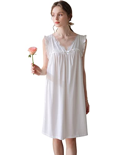 Nanxson Women's Knitted Cotton Nightgown Sleepwear Sleeveless Sleep Dress V Neck Lace Nightwear Victorian Loungewear2