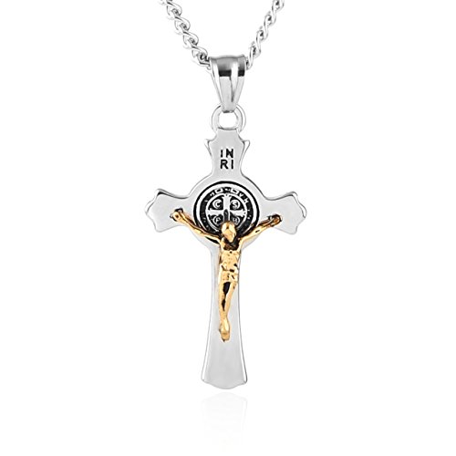 HZMAN Saint Benedict Cross Necklace for Men Stainless Steel INRI Crucifix Cross Pendant Necklace Jewelry Gift