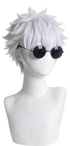 LeMarnia Black Glasses and Off-White Plush Wig for Gojo Satoru Cosplay Halloween Costume Party Wig