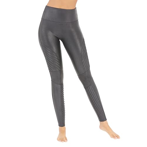 SPANX SPANXshape Faux Leather Moto Leggings - Seamless Tummy Control - Contoured Leather Leggings - Very Black - Petite, 24 Inch Inseam - Small
