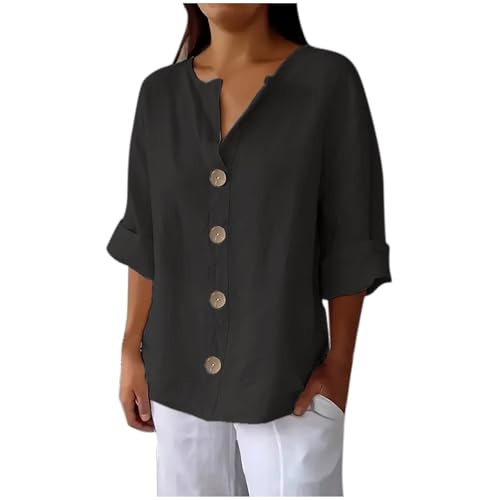 Cotton Linen Tops for Women Roll Up Long Sleeve V Neck Blouse Button Down Solid Color Casual Loose Shirt(#01 Black,Large)