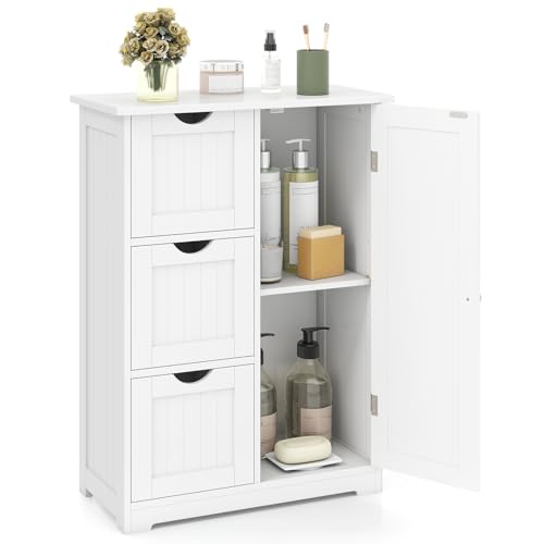 Tangkula Bathroom Floor Cabinet, Freestanding Storage Cabinet with 3 Drawers & Single Door, Adjustable Shelf, Multipurpose Bathroom Storage for Home Office, 23.5 x 12 x 32 Inches (3 Drawers, White)