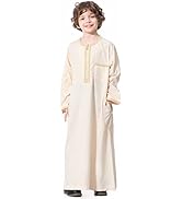 ODIZLI Arabic Thobe Muslim Thobe Long Sleeve Kaftan Crew Collar Robe with Zipper for Boy
