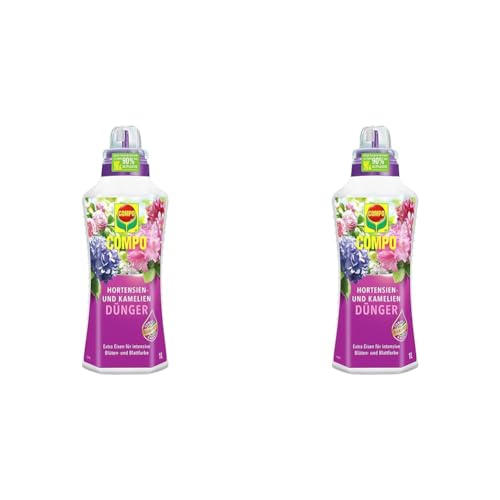 COMPO Hortensien- und Kameliendünger für alle Moorbeetpflanzen, Spezial-Flüssig-Dünger mit extra Eisen, 1 Liter (Packung mit 2)