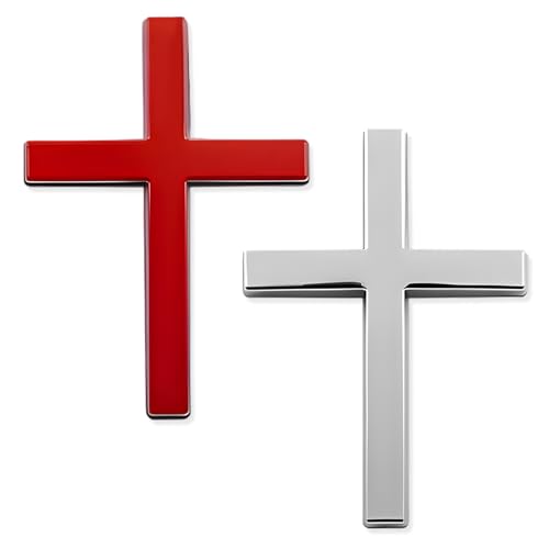 Image of 2PCS Metal Christian Cross Emblem Stickers, 2.5x1.8in 3D Jesus Christ Auto Emblem Badge Decal, Self-Adhesive Styling Cross Decal Decoration for Trunk Tailgate Side Fender (Silver+Red)