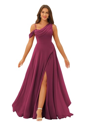 YOFF One Shoulder Bridesmaid Dresses with Slit Long Chiffon Cold Shoulder A-Line Formal Party Dresses with Pockets YO002