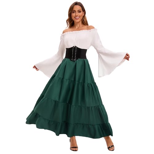Feynman Robe médiévale rétro pour Femme avec Manches Trompette - Reine Victorienne médiévale Renaissance Gothique - Robe Maxi pour Carnaval, Halloween, fête