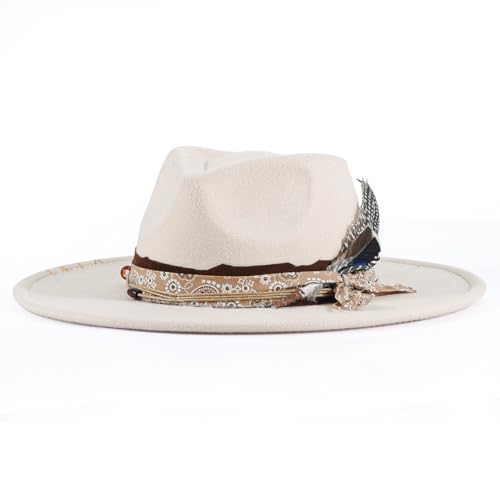 H.Busque Big Brim Fedora Mens Women Felt Boho Hat Panama Dress Up Hats Beige