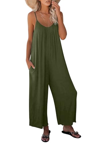 AGUCEG Damen Sommer Sexy Deep V Jumpsuit Damen Ärmellos Jumpsuit Damen Oversized Loose Pocket Jumpsuit S Klein Grün