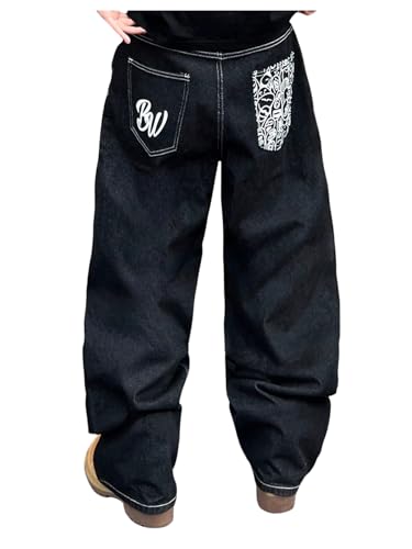Men's Graphic Baggy Jeans Y2K Wide Leg Denim Pants Vintage Loose Denim Jeans Long Trousers with Pocket Streetwear
