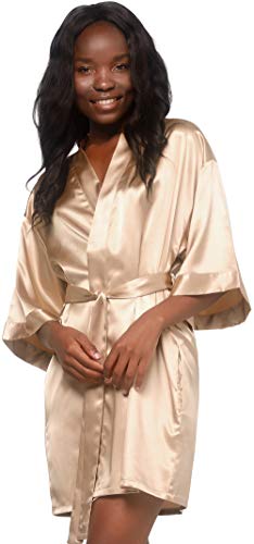 Turquaz Linen Satin Kimono Bridesmaids Robe (Large, Taupe)