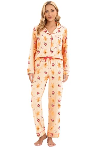 Image of LUBOT Christmas Pajamas for Women 100% Cotton Pajama 2 Piece PJ Set Soft Long Sleeve Button Xmas Print Loungewear XS-XXL