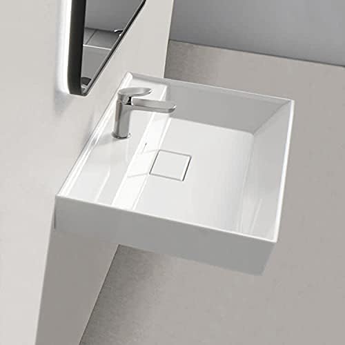 White Ceramic Square Wall-Mount Bathroom Sink with Overflow