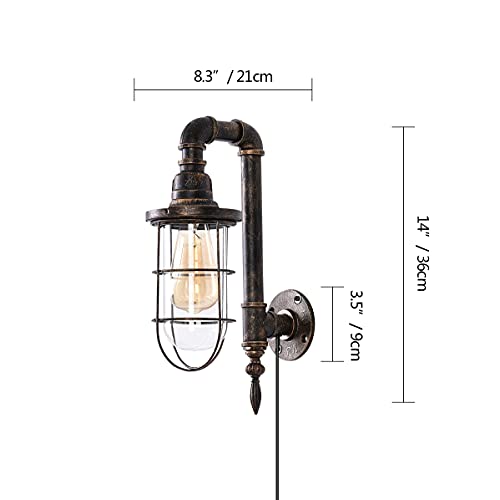 Lovefindahome Industrial Plug in Wall Light E26 Base Edison Wire Retro Style Vintage Wall Lights with 5.9Ft Adjustable Plug in Cord Rustic Wall Sconce Fixture for Headboard Bedroom Porch - Cage