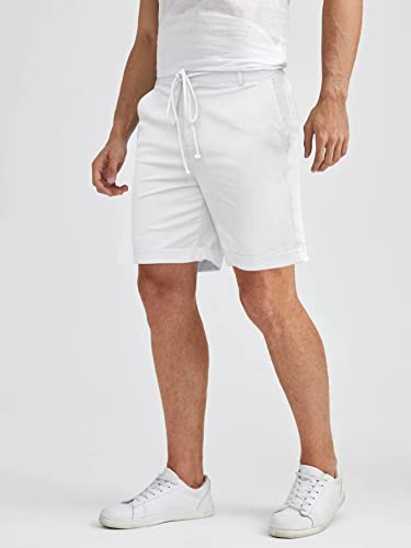 Men's Linen Casual Classic Shorts Elastic Waist Summer Beach Lightweight Board Slim-Fit With Pockets Cream White #TOP2