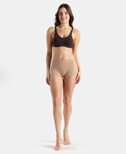 Image of Jockey SS04 Women High Coverage Super Combed Cotton Elastane Stretch Boy Leg with Concealed Waistband and StayFresh Treatment Almondine L