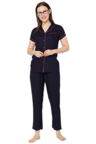 Image of Evolove Women's Polyester Half Sleeves Collared Night Suit Set /Top Pyjama Set Super Soft Comfortable (Nightsuit-Collar-HS-2)