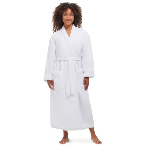 MONARCH Terry Lined Waffle Spa Robe for Men or Women – Soft and Warm Textured Fabric with Tonal Accents, Generously Sized Hotel & Spa Robe with Pockets in White Cypress – Machine Washable