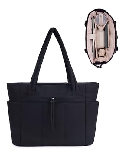 Wandering Nature Bolso Mujer Acolchado Grande, Bolso Shopper Mujer con Compartimento para Portátil 15.6" y Portabotellas 40oz para Negocios Escuela Viajes, Negro(Patente en Trámite) | Ya disponible en tu tienda friki favorita! En mundofriki.es!