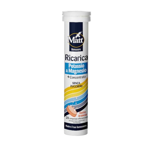 Matt, Ricarica Potassio & Magnesio, Integratore Alimentare di Potassio e Magnesio, Contribuisce alla Riduzione della Stanchezza e Affaticamento, Confezione da 20 Compresse Gusto Arancia, 80 g