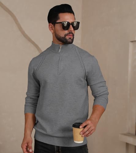 Mens Fashion Knit Pullover Sweater Quarter Zip Long Sleeve Mock Neck Ribbed Sweater2