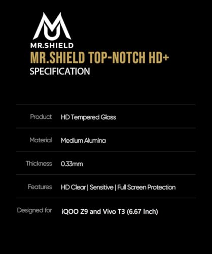 Image of Mr.Shield Top-Notch HD+ Tempered Glass Screen Protector Guard for iQOO Z9 and Vivo T3 (6.67 Inch), 9H Hardness, Military Grade Protection, Easy Installation kit