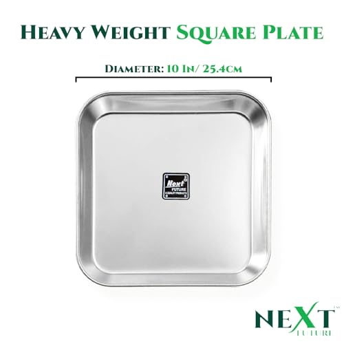 Image of Next Future Stainless Steel Lunch /Dinner Plate Set of 6 with High Shiny Polish (Heavy Gauge) Extra Large Size Square Plates - Diameter: 10 Inches / 26 cms