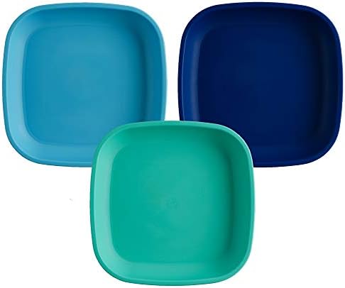Re Play Made in USA 3pk - 7.37" Plates with Deep Sides for Easy Baby, Toddler, Child Feeding - Sky Blue, Aqua, Navy Blue (True Blue Collection) Eco Friendly Heavyweight Recycled Polypropylene