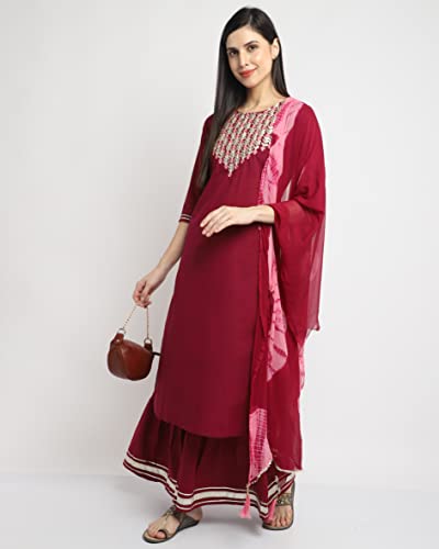 Image of Rajnandini Women's Cambric Cotton Solid Pure Embroidered Kurta Set With Dupatta