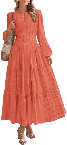 BTFBM Fall Dresses for Women 2025 Casual Long Sleeve V Neck Elastic Waist Lightweight Maxi Wedding Guest Dress Pockets