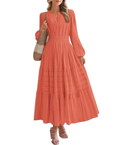 BTFBM Fall Dresses for Women 2025 Casual Long Sleeve V Neck Elastic Waist Lightweight Maxi Wedding Guest Dress Pockets